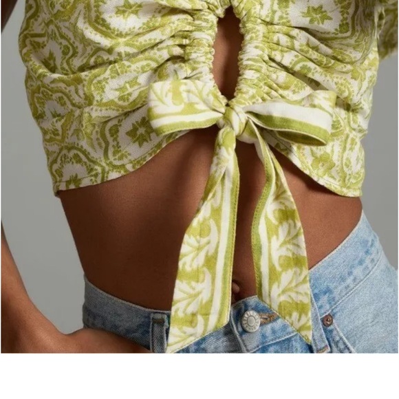 ANTHROPOLOGIE Pilcro | Flutter Sleeve Crop Top Green Motif Linen Blend - Picture 3 of 8